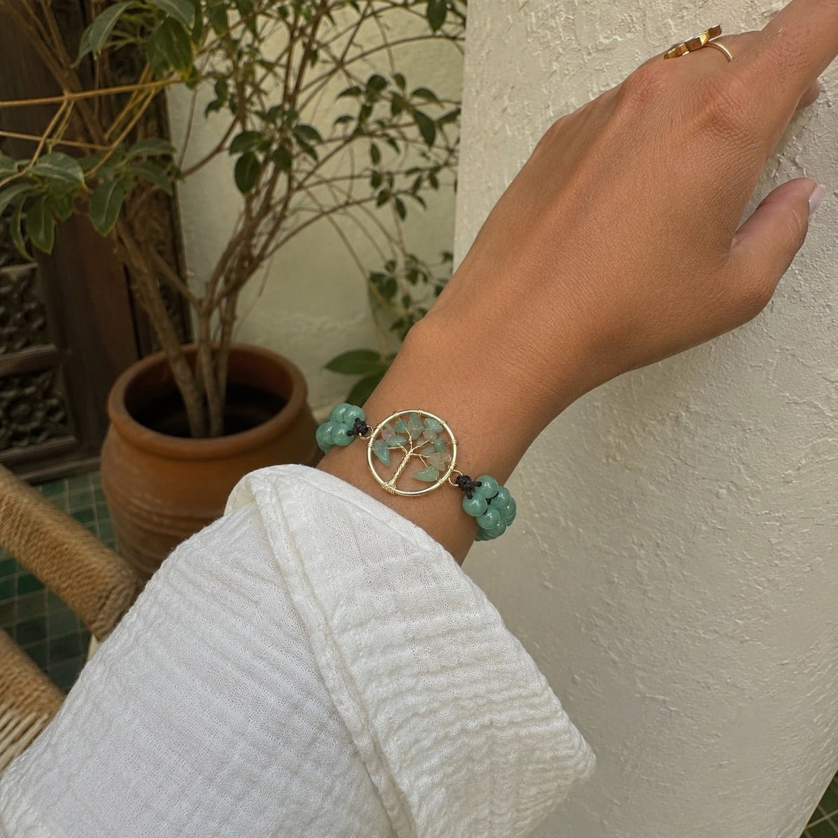 Braided bead bracelet with tree pendant, meaningful gemstone jewelry, Adrita model