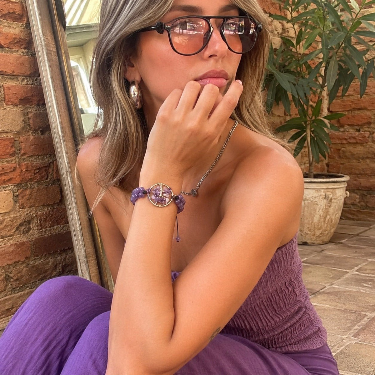 Braided bead bracelet with tree pendant, meaningful gemstone jewelry, Adrita model