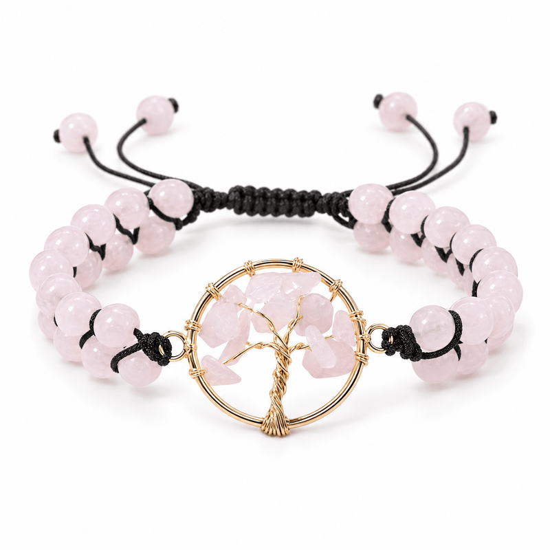 Bracelet Adrita Quartz rose posé de face sur fond blanc