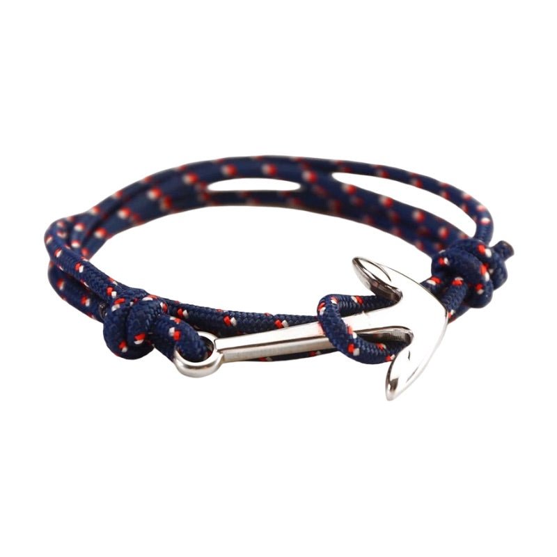 Bracelet cordon nautique bleu marine à pois rouges avec ancre en titane argentée multiple-tour.