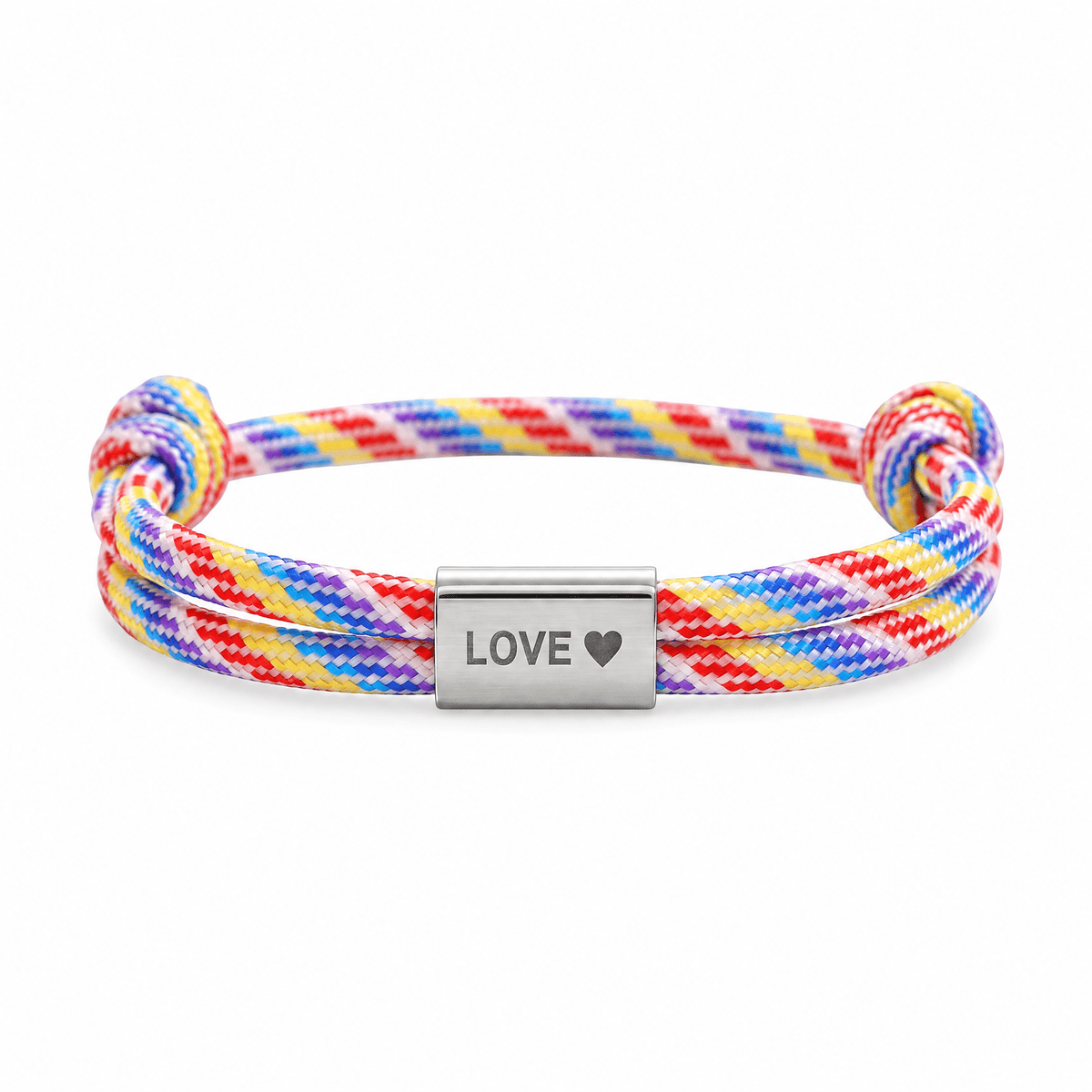 Bracelet Veyron Multicolore et argent, plaque centrale gravée LOVE ♥, posé de face sur fond blanc