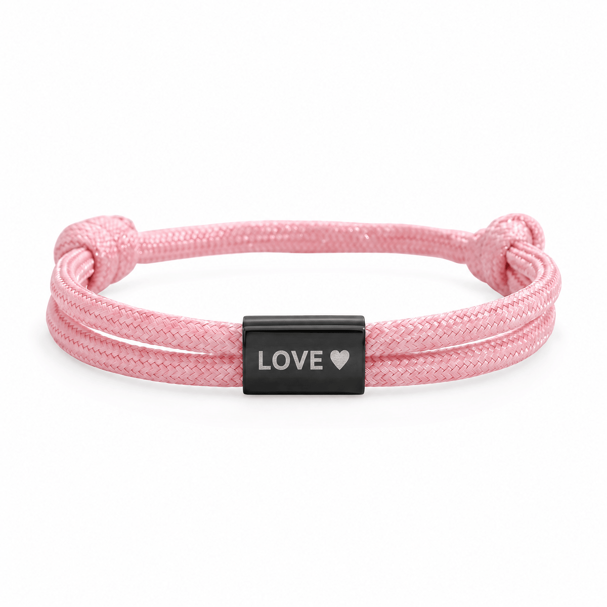Bracelet Veyron Rose et noir, plaque centrale gravée LOVE ♥, posé de face sur fond blanc