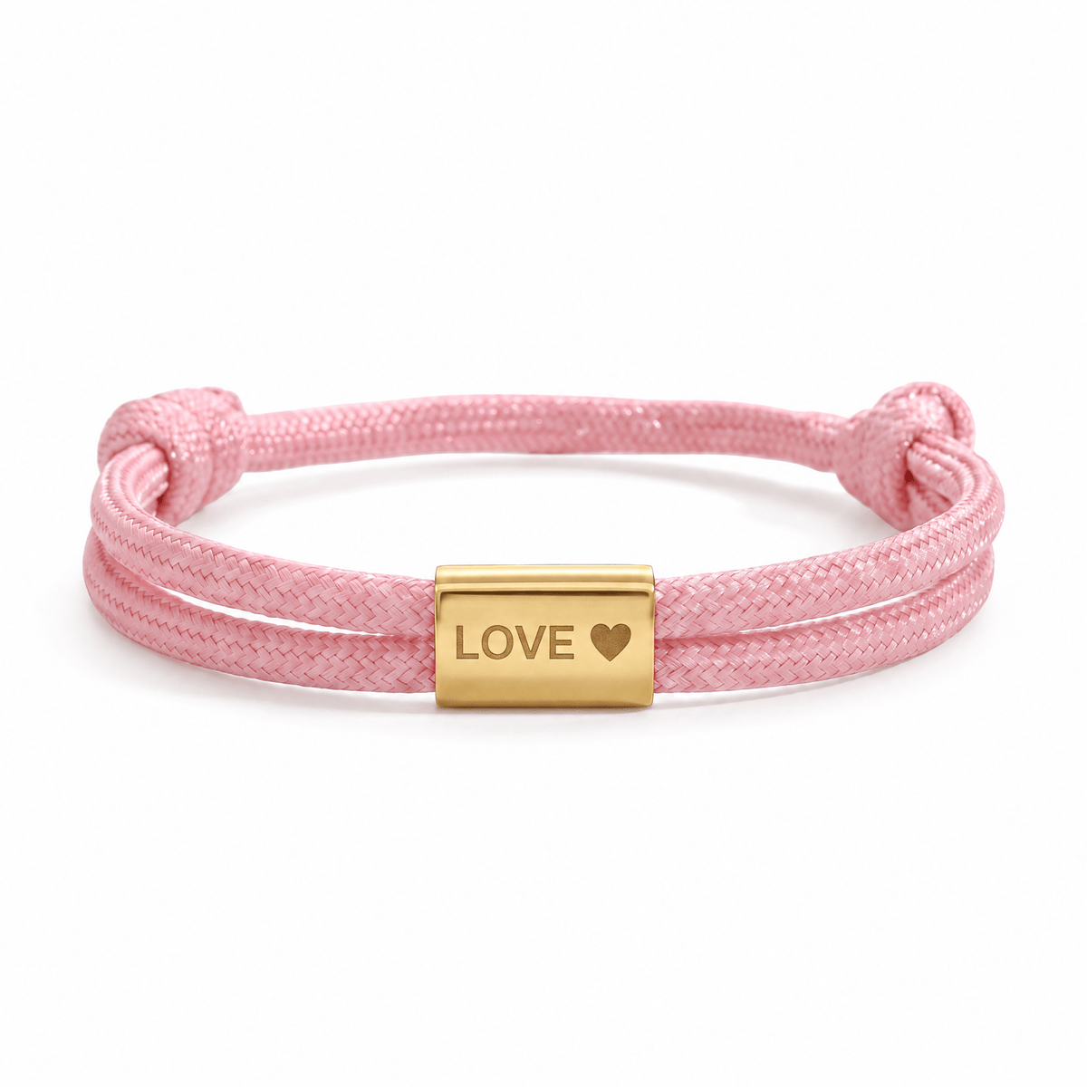 Bracelet Veyron Rose et or, plaque centrale gravée LOVE ♥, posé de face sur fond blanc