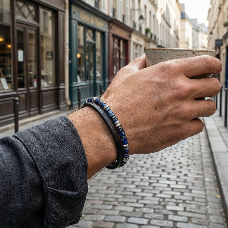 Personalisierbares Herrenarmband mit Natursteinen, Leder und Metallelementen, sicherer Verschluss, Modell Jamy