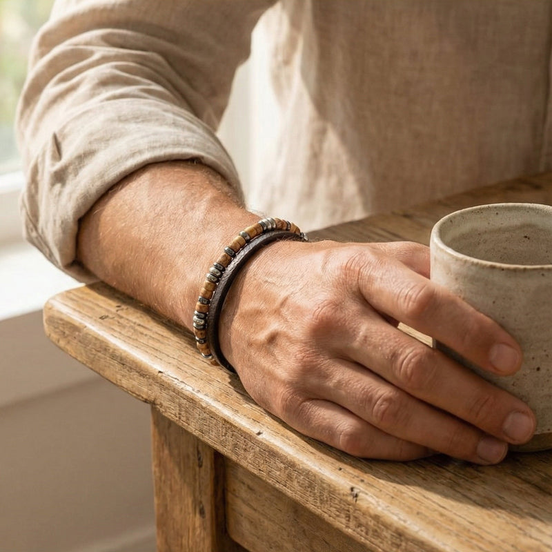 Personalisierbares Herrenarmband mit Natursteinen, Leder und Metallelementen, sicherer Verschluss, Modell Jamy