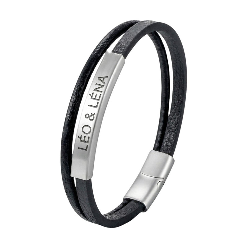 Bracelet personnalisable pour homme, double lanière en cuir tressé, plaque en acier inoxydable à graver, accessoire de caractère, modèle Lançois