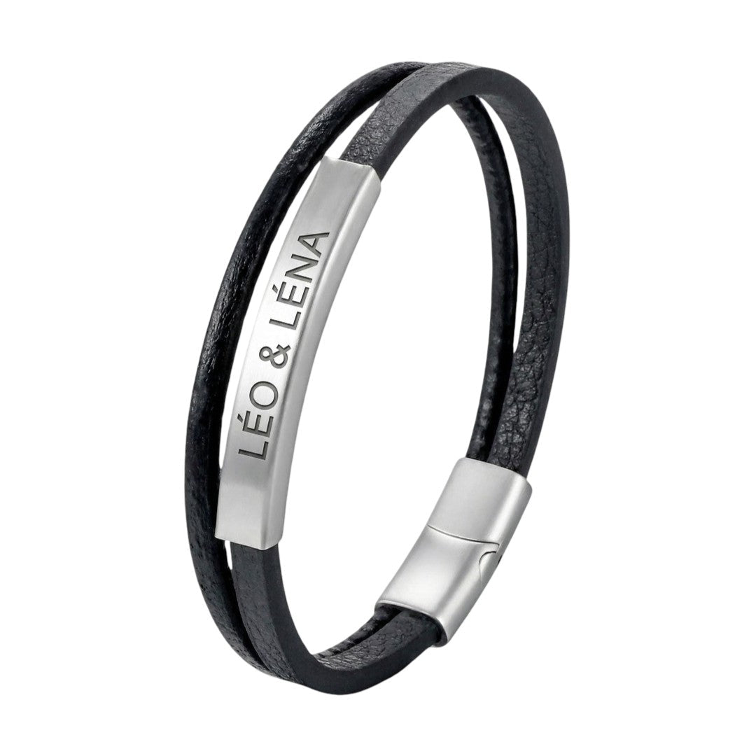 Bracelet personnalisable pour homme, double lanière en cuir tressé, plaque en acier inoxydable à graver, accessoire de caractère, modèle Lançois
