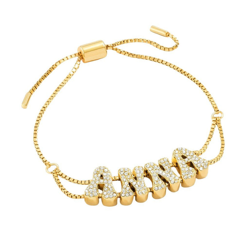 Customizable Name Bracelet for Women, Gold-Plated Copper Jewelry, Adjustable Chain with Sparkling Rhinestones, Ustra model