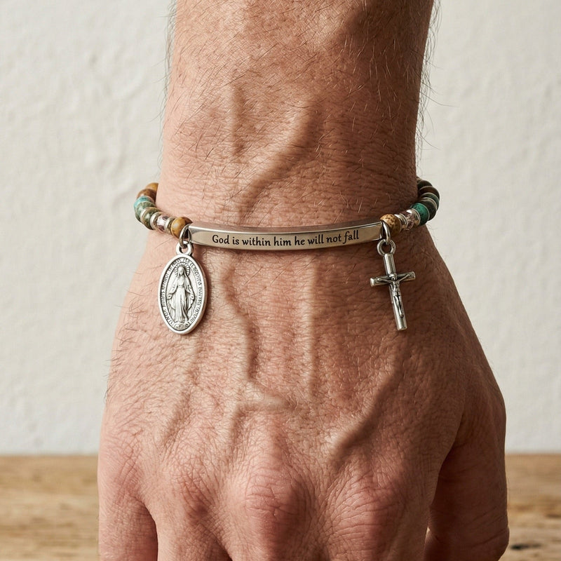 Bracciale personalizzato con perle in pietra naturale, medaglia religiosa e croce pendente, tubo curvo da incidere, modello Trinity