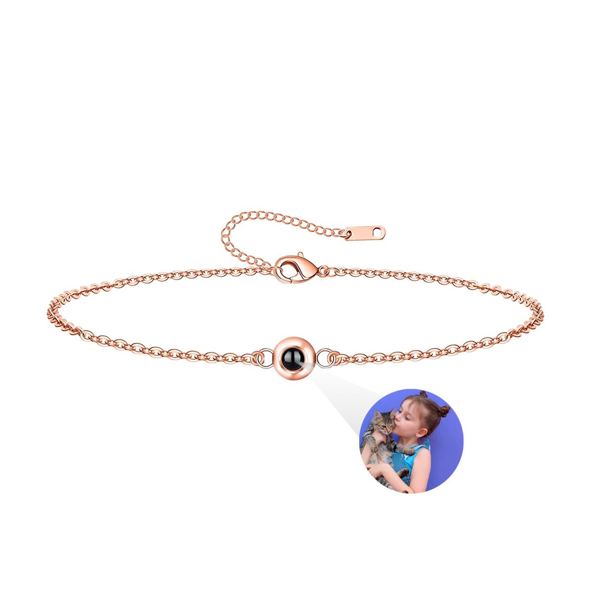 Bracelet fin en acier inoxydable rose, chaîne ajustable avec perle centrale à projection photo personnalisée.