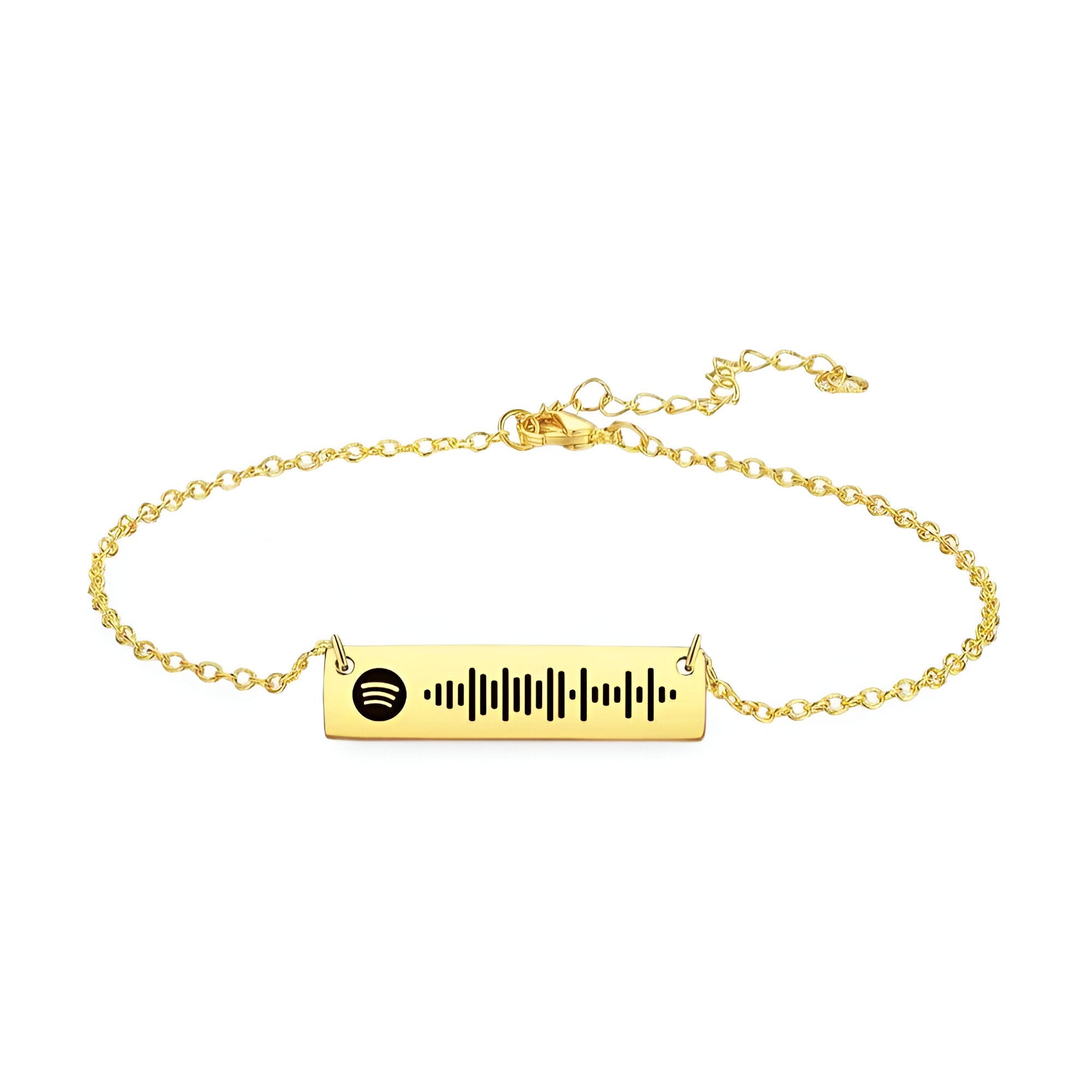 Bracelet gourmette ajustable en or avec plaque personnalisée Spotify et chaîne fine délicate.