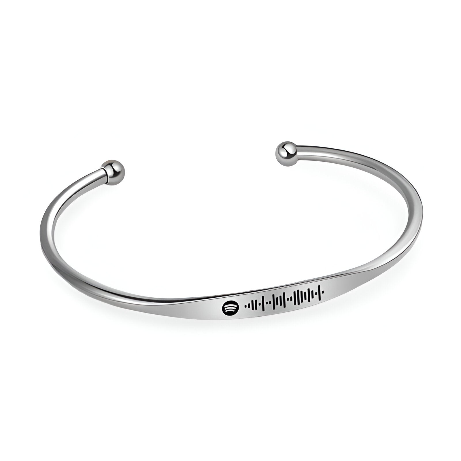 Bracelet jonc en acier inoxydable argenté avec gravure code Spotify noir au centre.
