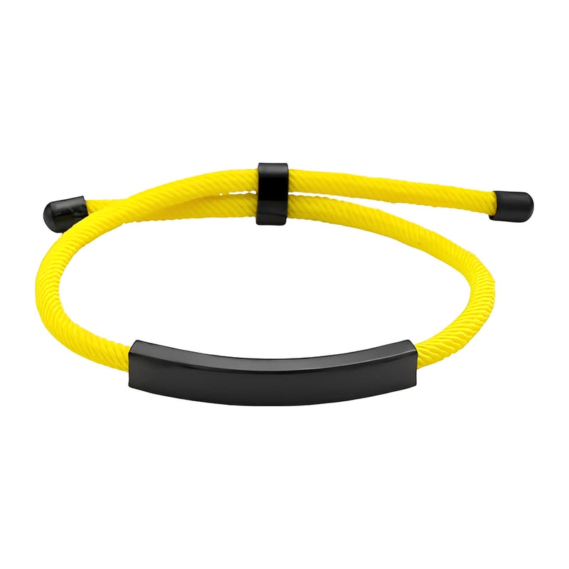 Bracelet cordon nylon jaune avec barre et fermoir coulissant en acier inoxydable noir.