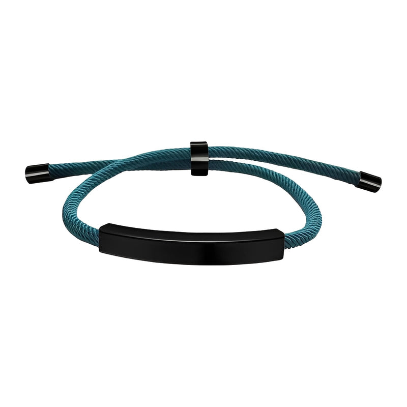 Bracelet cordon nylon bleu avec barre et embouts en acier inoxydable noir, fermoir coulissant.