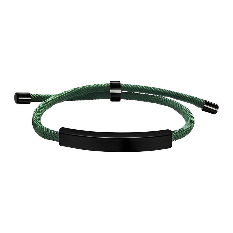 Bracelet cordon nylon vert avec barre et embouts coulissants en acier inoxydable noir mat.