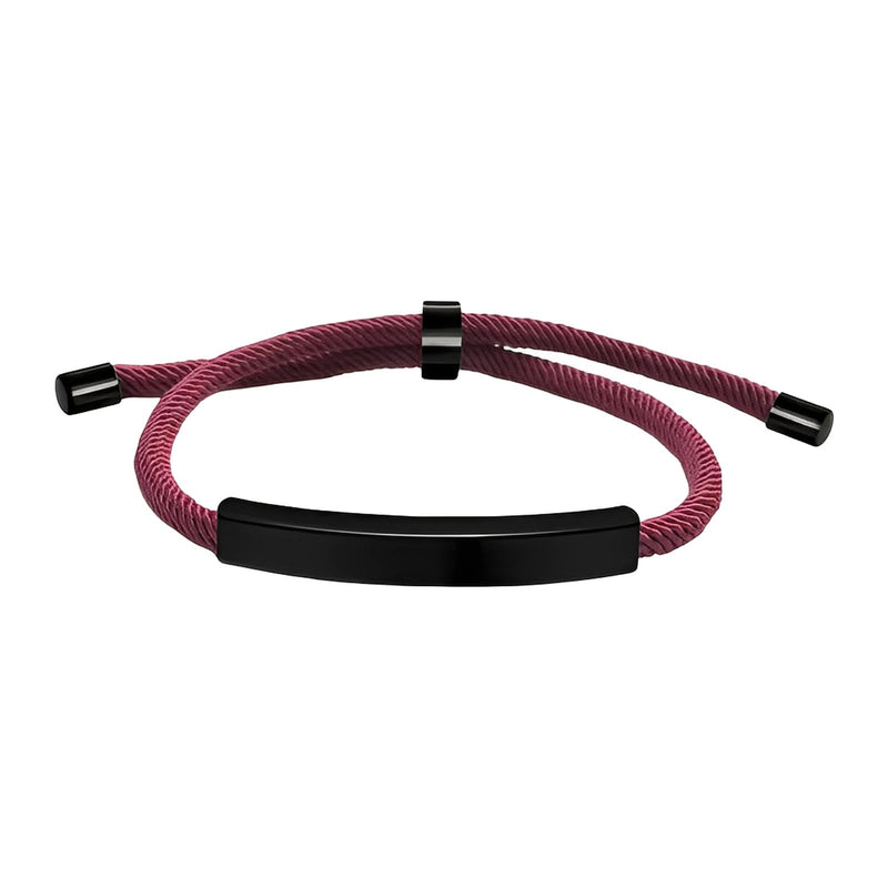 Bracelet cordon nylon bordeaux avec barre et embouts en acier inoxydable noir, fermoir coulissant.