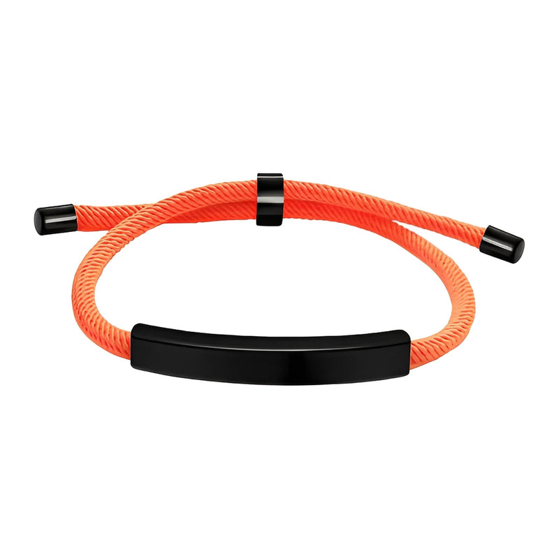 Bracelet cordon en nylon orange avec barre et fermoir coulissant noirs en acier inoxydable.