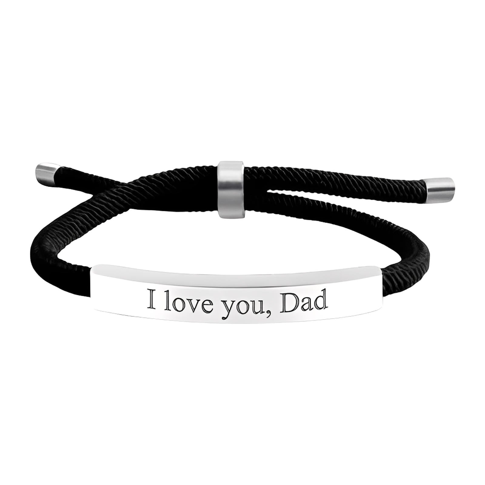 Bracelet cordon noir en nylon avec barre en acier inoxydable gravée "I love you, Dad" et fermoir coulissant acier.