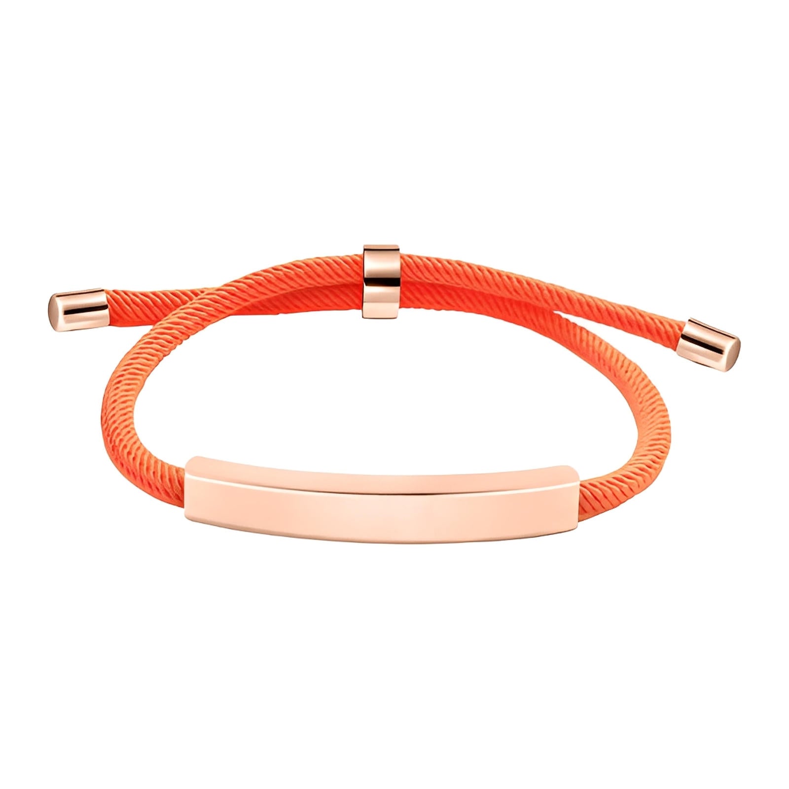 Bracelet cordon nylon orange avec barre et embouts en acier inoxydable doré rose, fermoir coulissant.