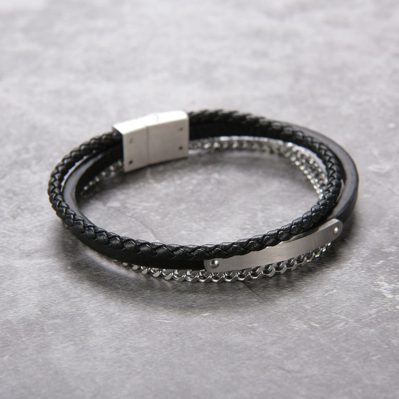 Bracelet homme double tour cuir noir tressé et chaîne acier argenté, fermeture magnétique acier inoxydable.