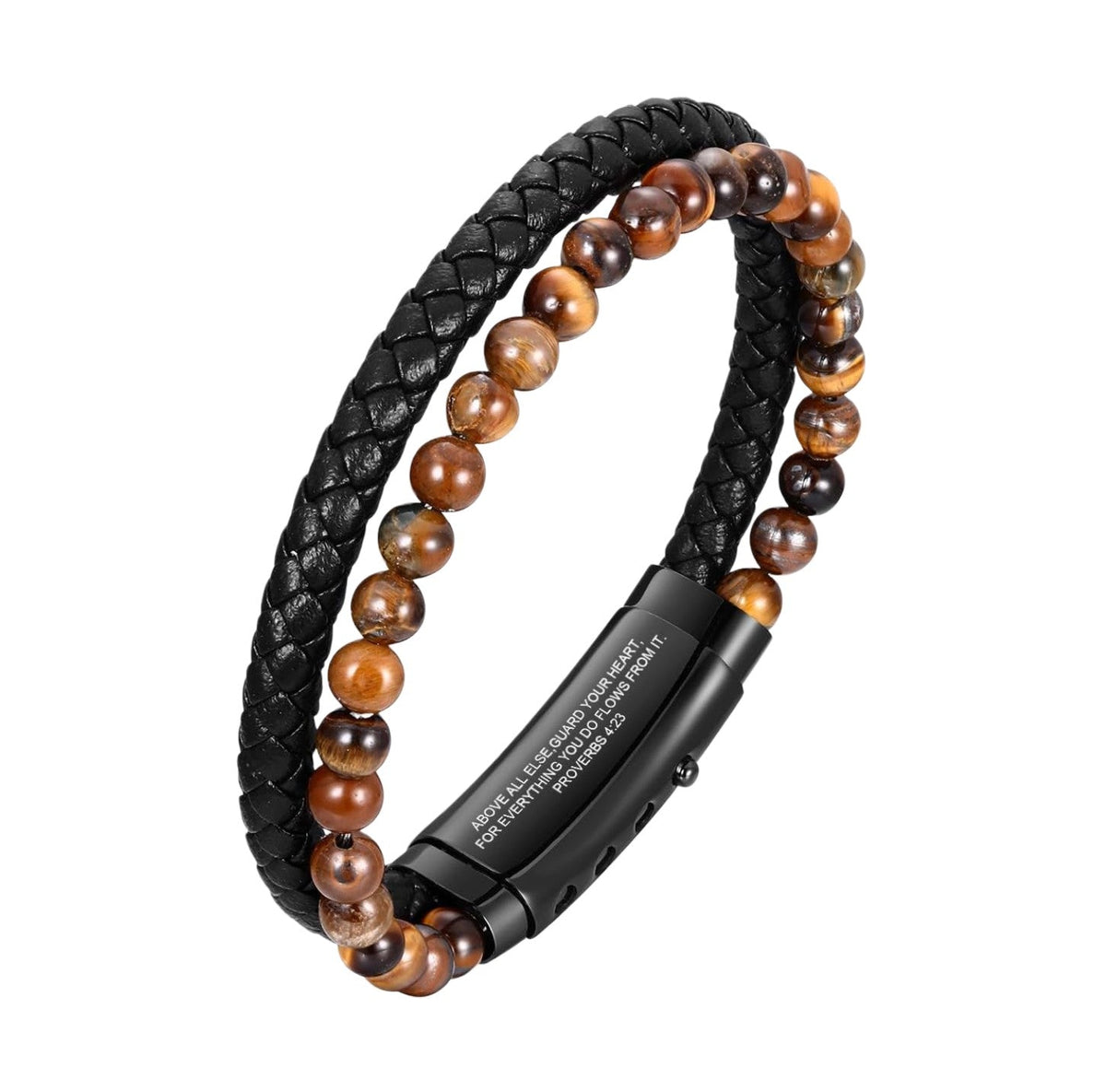 Bracelet personnalisé de caractère tressé, perles protectrices en pierre de lave ou oeil de tigre, acier inoxydable robuste, modèle Berto