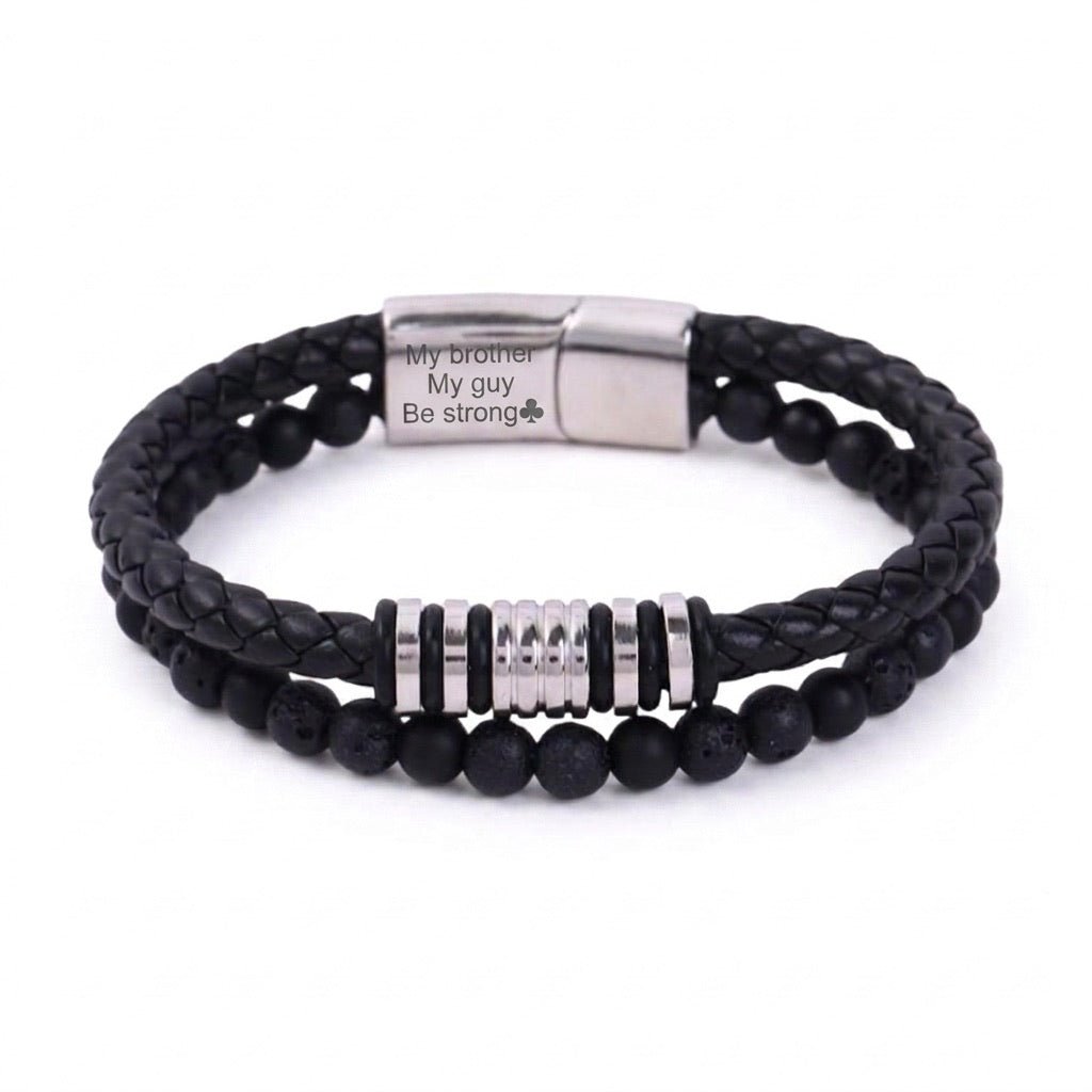 Bracelet personnalisé double rang en pierre volcanique et croûte de cuir, fermoir magnétique, gravure offerte, modèle Gusto