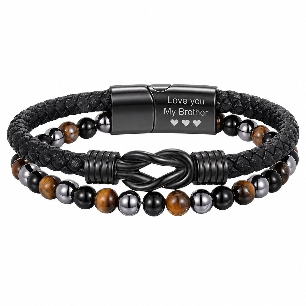 Bracelet personnalisé double rang pour homme, œil de tigre et obsidienne, noir tressé avec noeud celtique, fermoir acier gravable, idée cadeau, modèle Alviron