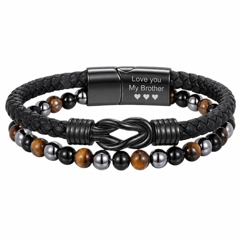 Personalizovaný dvouřadý náramek pro muže, tygří oko a obsidián, černý pletený s keltským uzlem, ocelové zapínání s možností gravírování, tip na dárek, model Alviron