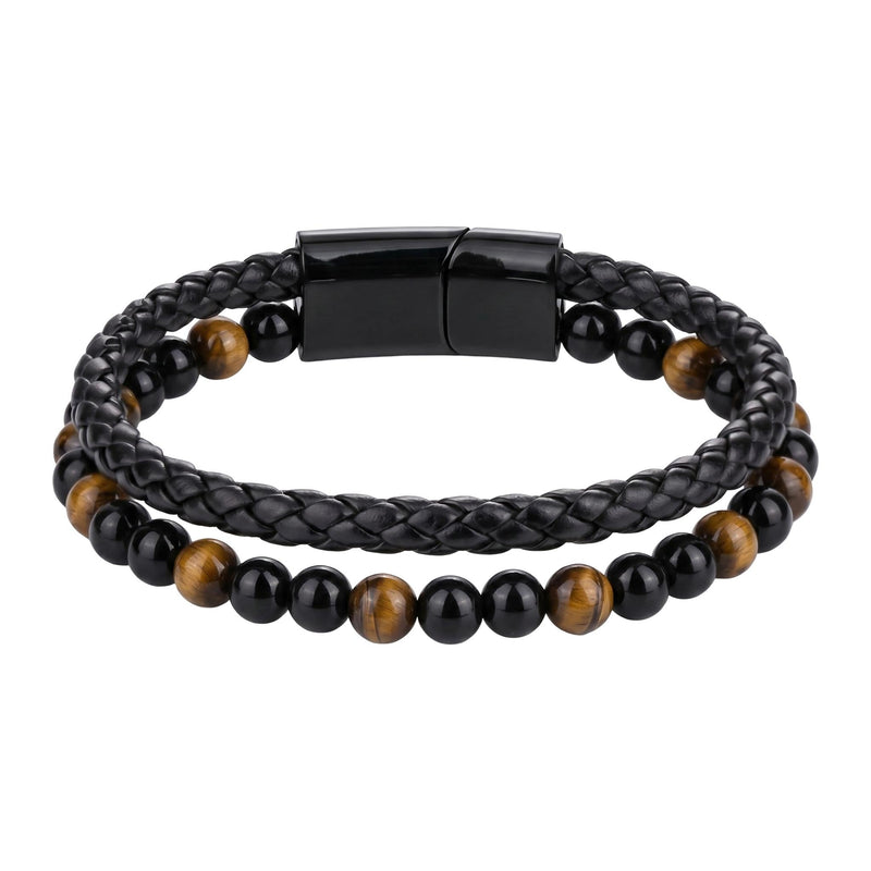 Pulseira personalizada de dupla volta para homem, olho de tigre verdadeiro, couro preto entrançado, fecho de aço gravável, ideia de presente, modelo Etno
