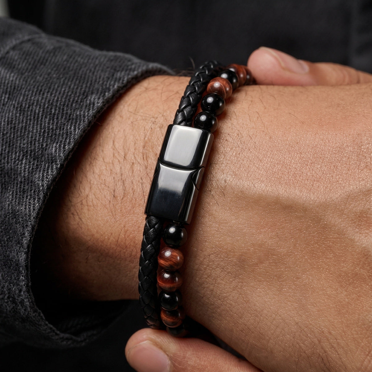Bracelet personnalisé double rang, pierres naturelles et cordon tressé, fermoir magnétique gravable, pour homme, modèle Etno