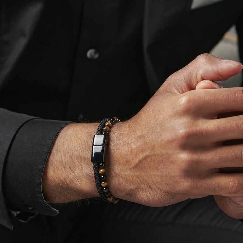 Pulseira personalizada de dupla volta para homem, olho de tigre verdadeiro, couro preto entrançado, fecho de aço gravável, ideia de presente, modelo Etno