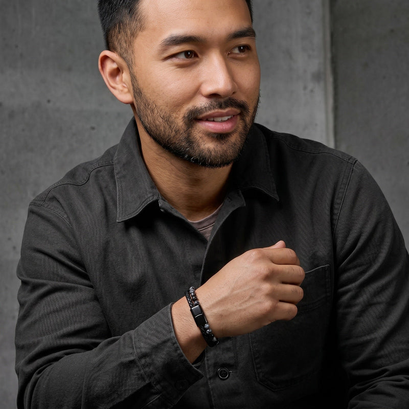 Pulseira personalizada de dupla volta para homem, olho de tigre verdadeiro, couro preto entrançado, fecho de aço gravável, ideia de presente, modelo Etno