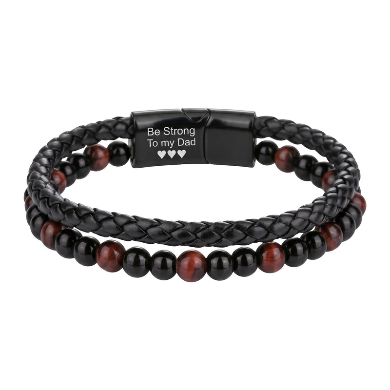 Pulseira personalizada de dupla volta para homem, olho de tigre verdadeiro, couro preto entrançado, fecho de aço gravável, ideia de presente, modelo Etno