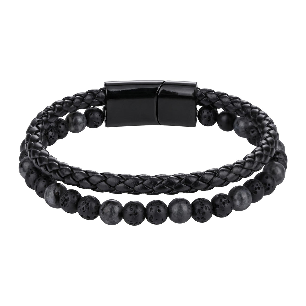 Bracelet personnalisé double rang, pierres naturelles et cordon tressé, fermoir magnétique gravable, pour homme, modèle Etno