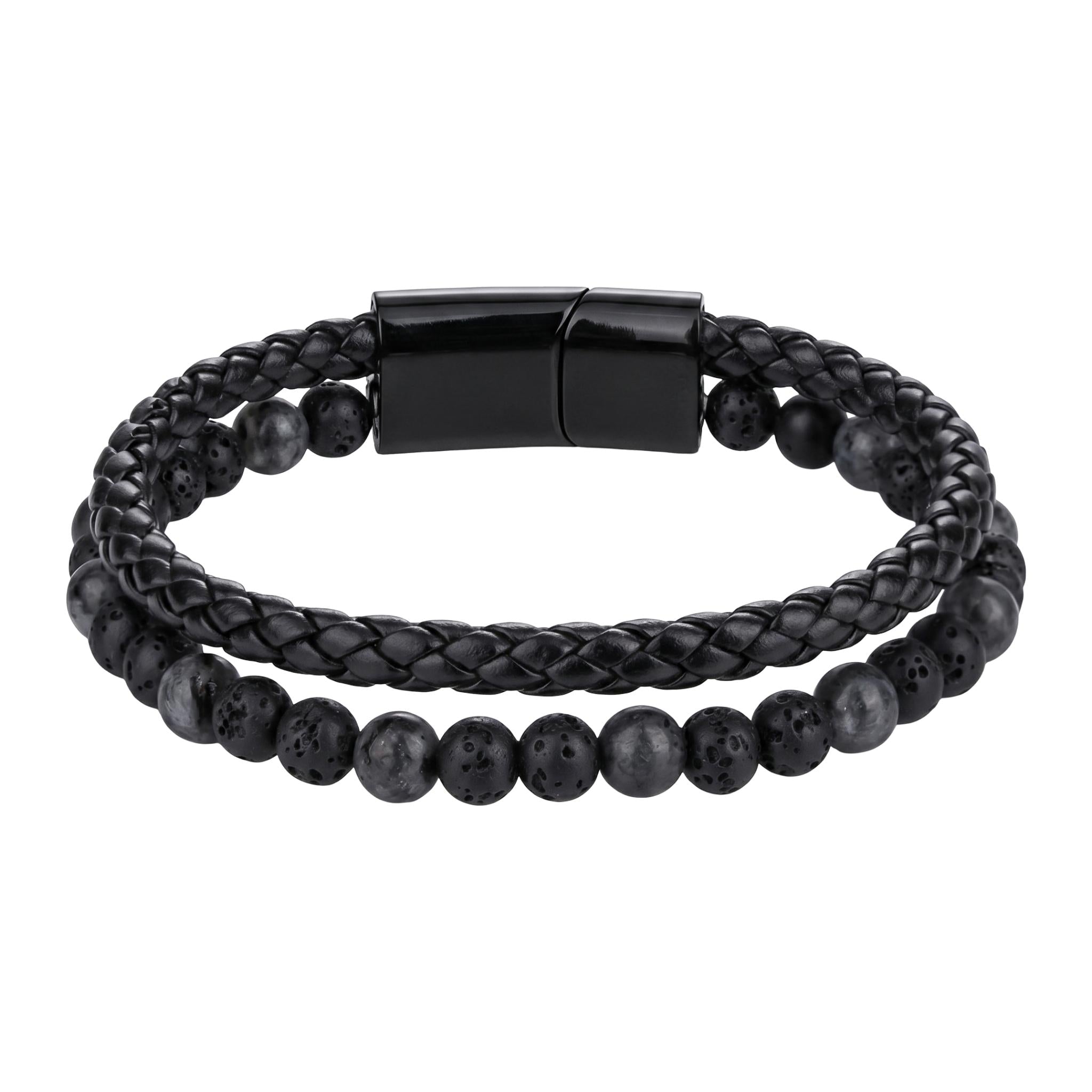 Bracelet personnalisé double rang pour homme, œil de tigre véritable, cuir noir tressé, fermoir acier gravable, idée cadeau, modèle Etno
