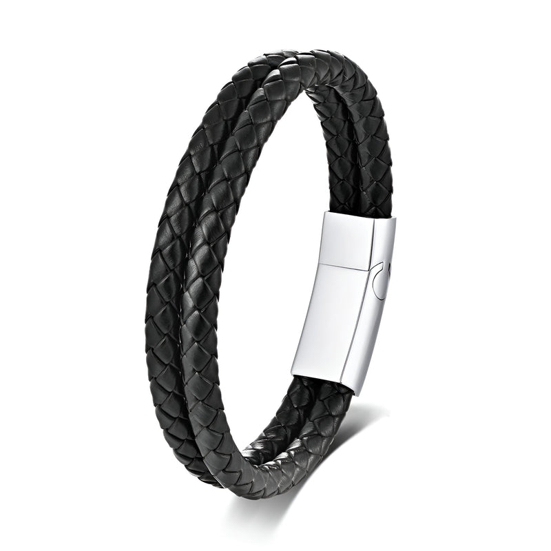 Bracelet double tour en cuir noir tressé avec fermoir argenté à graver, style masculin.