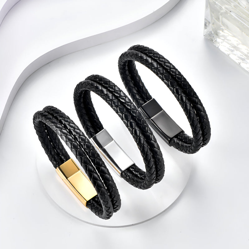 Bracelet double tour en cuir tressé noir avec fermoir métallique doré ou argenté, style Ezio.