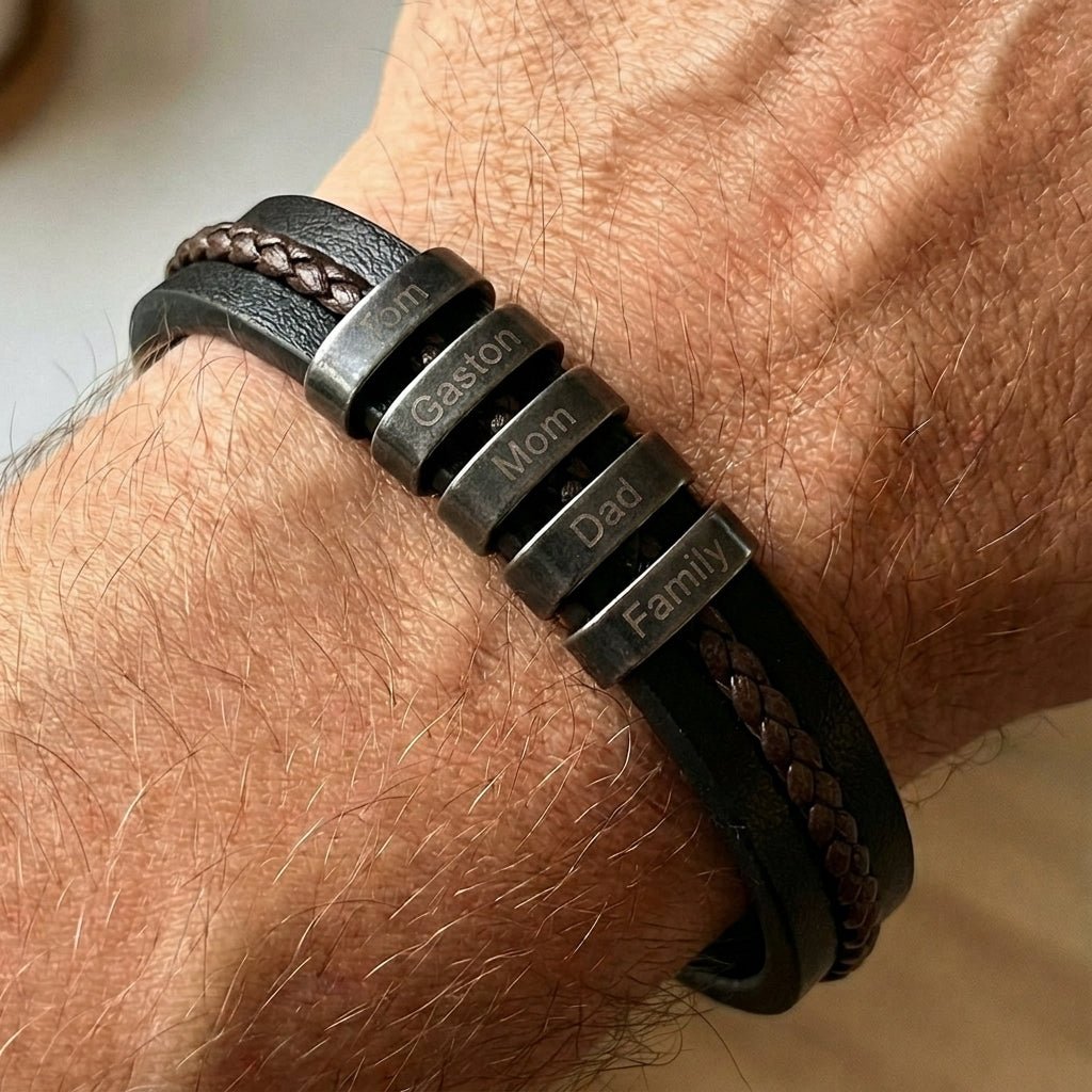 Personalized double-band bracelet, brown braid and smooth black band, engravable steel beads, Néko model