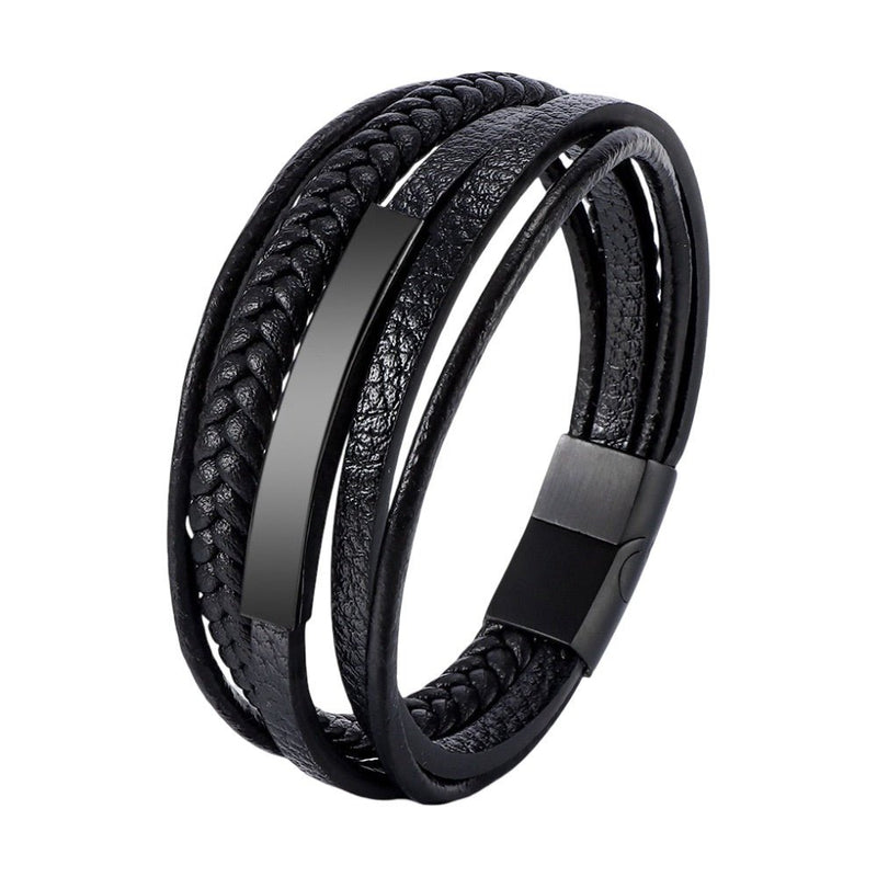 Bracelet homme multi-liens en cuir noir avec plaque acier personnalisable et fermoir magnétique noir mat.