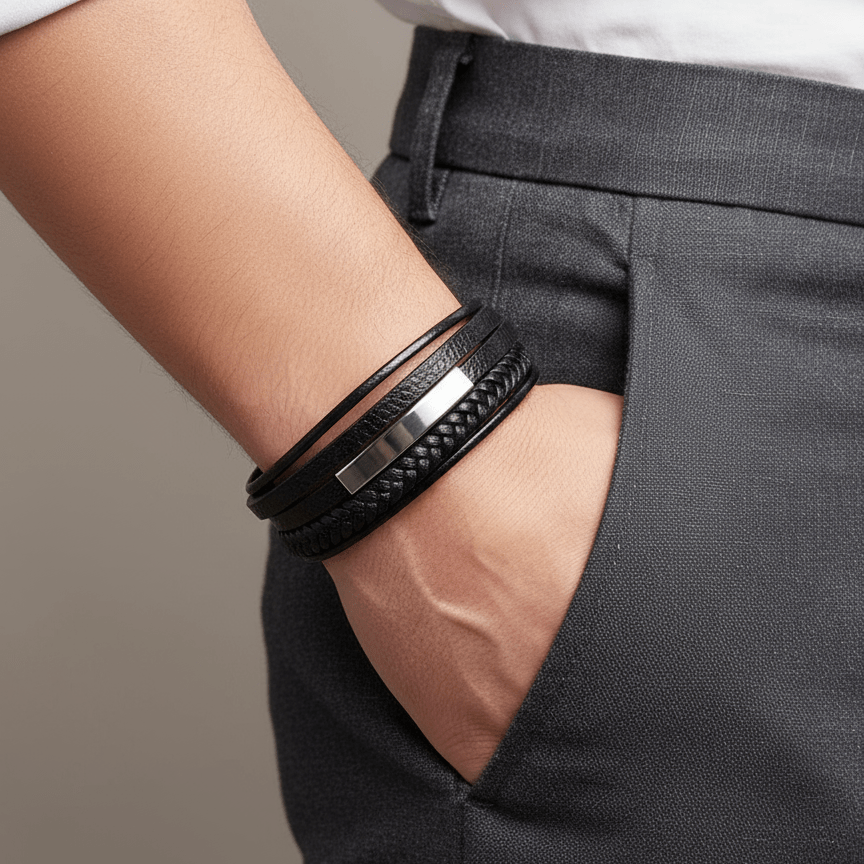 Bracelet homme multi-liens en cuir noir avec plaque acier gravée et fermoir magnétique, style moderne.