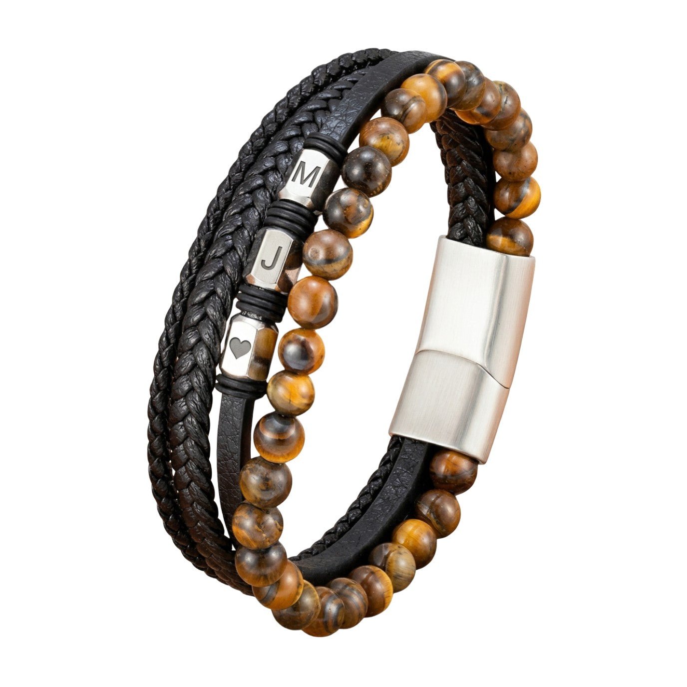 Bracelet personnalisé en cuir noir multi rangs et perles pierre naturelle, fermoir magnétique acier inoxydable, style moderne et affirmé, modèle Bastio