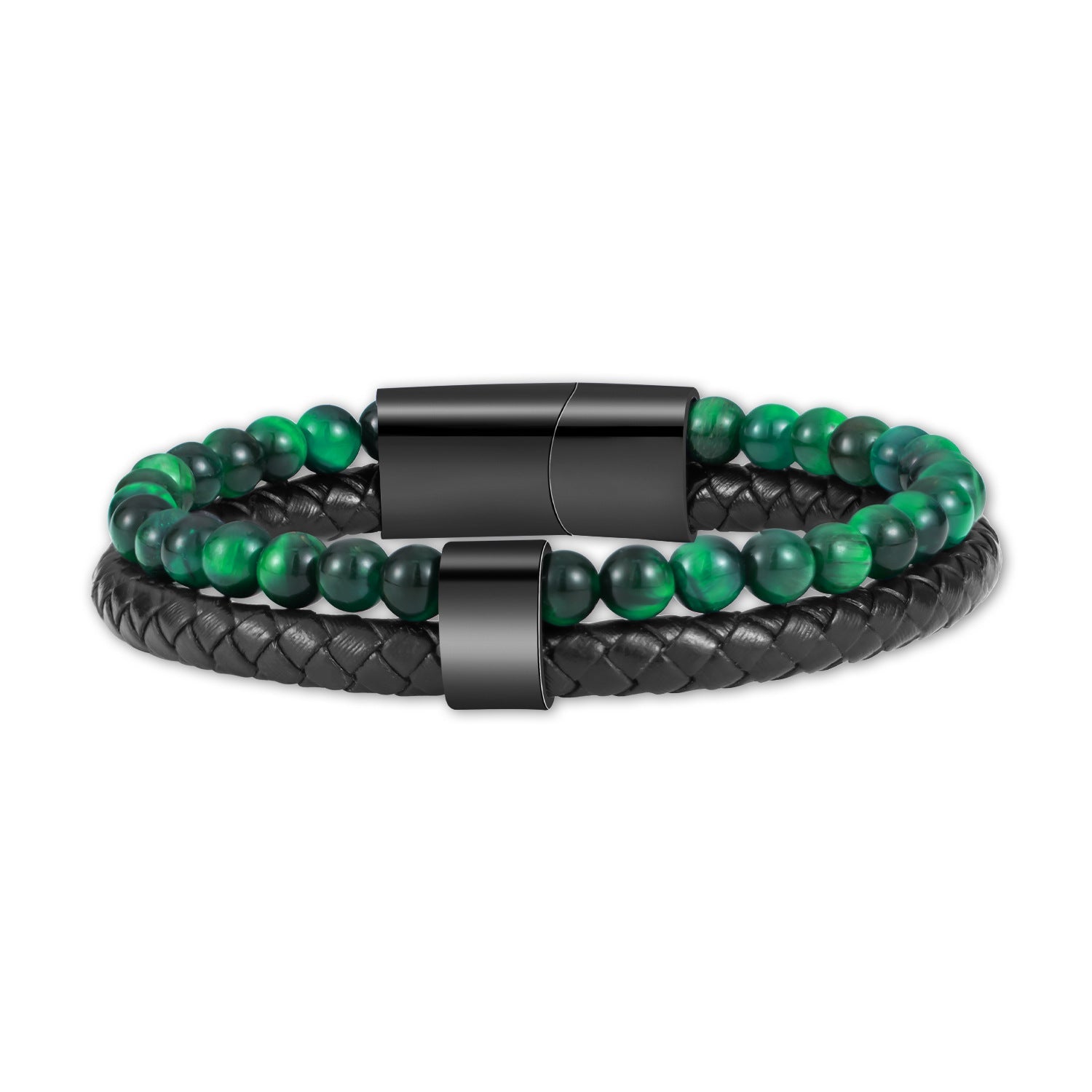 Bracelet double tour avec perles vertes naturelles et cuir tressé noir, fermoir magnétique noir mat.
