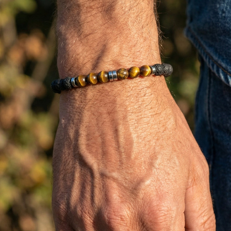 Gepersonaliseerde armband van natuurstenen 6 mm, kralenarmband met verstelbaar koord, robuuste en elegante uitstraling, model Kalère