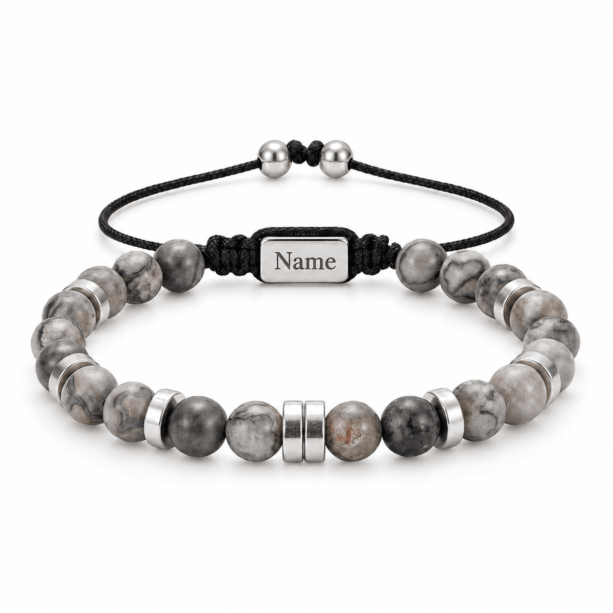 Packshot studio bracelet Kalere Agate grise, vue de face sur fond blanc. — gravure source restaurée 8 octobre 2026