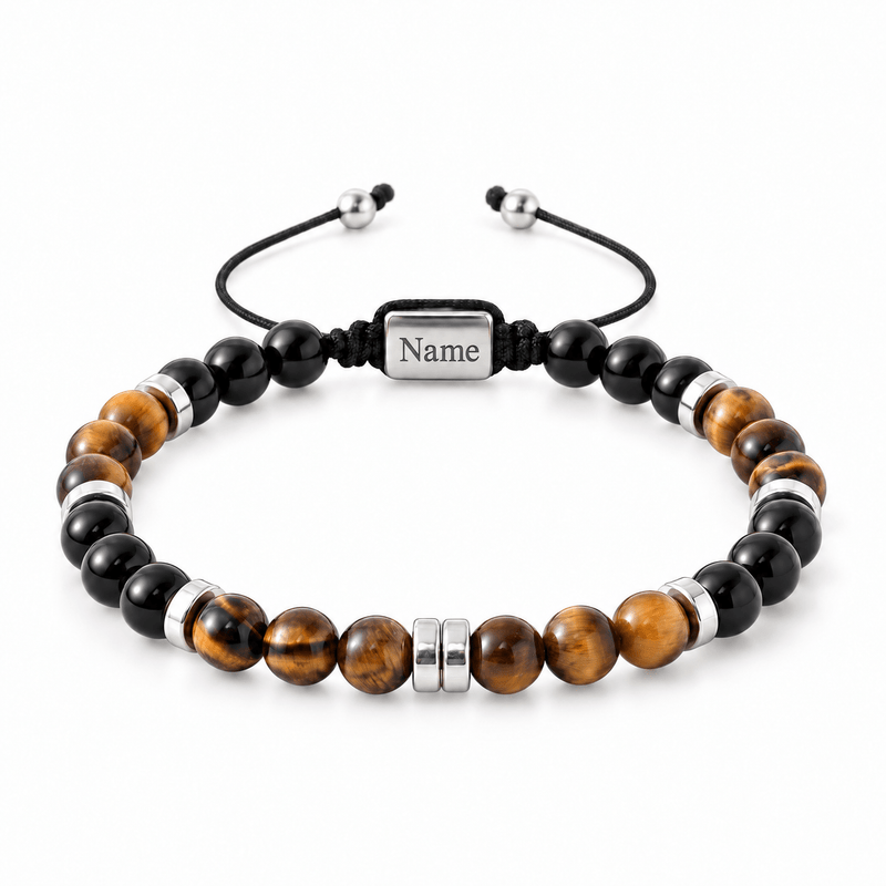 Packshot studio bracelet Kalere Oeil de tigre et onyx, vue de face sur fond blanc. — gravure source restaurée 8 octobre 2026