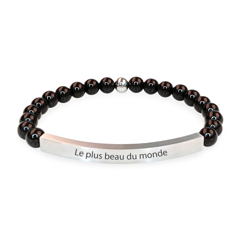 Bracelet mixte en perles d’onyx noir avec plaque argentée gravée "Le plus beau du monde".