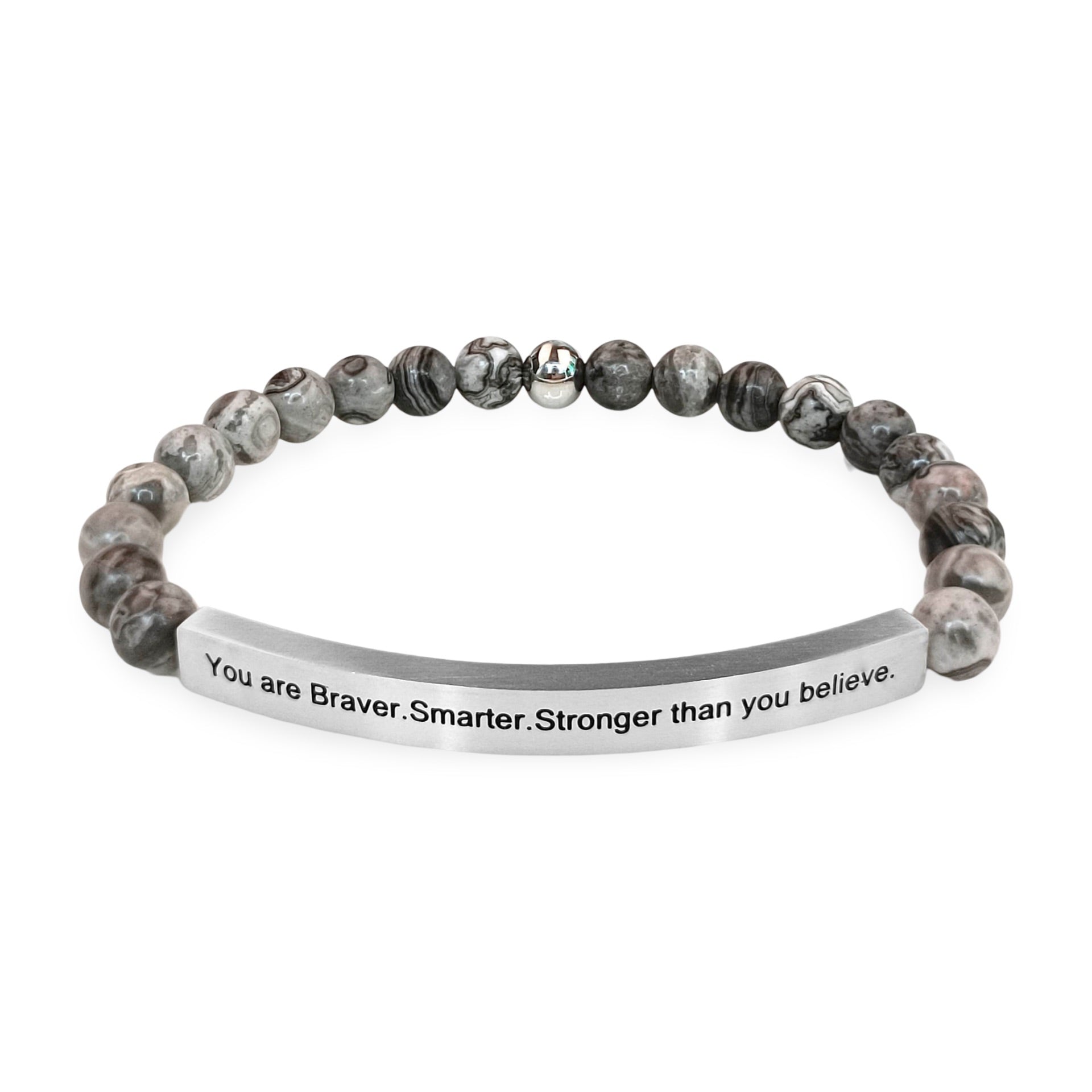 Bracelet mixte Elmero en pierres naturelles agate grise avec plaque acier gravée message inspirant.