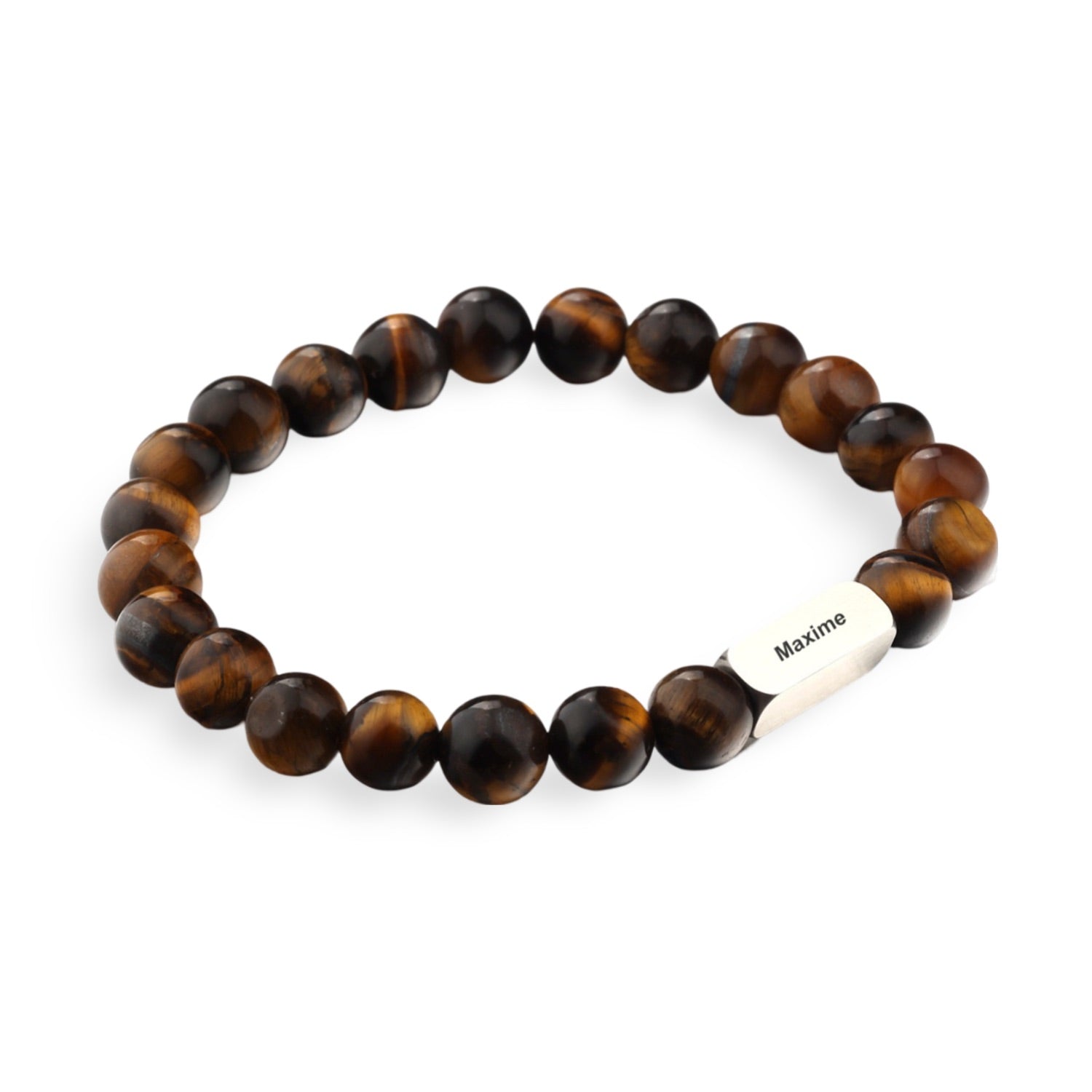 Bracelet mixte en perles rondes d'œil de tigre brun avec fermoir argenté gravé Zohar.