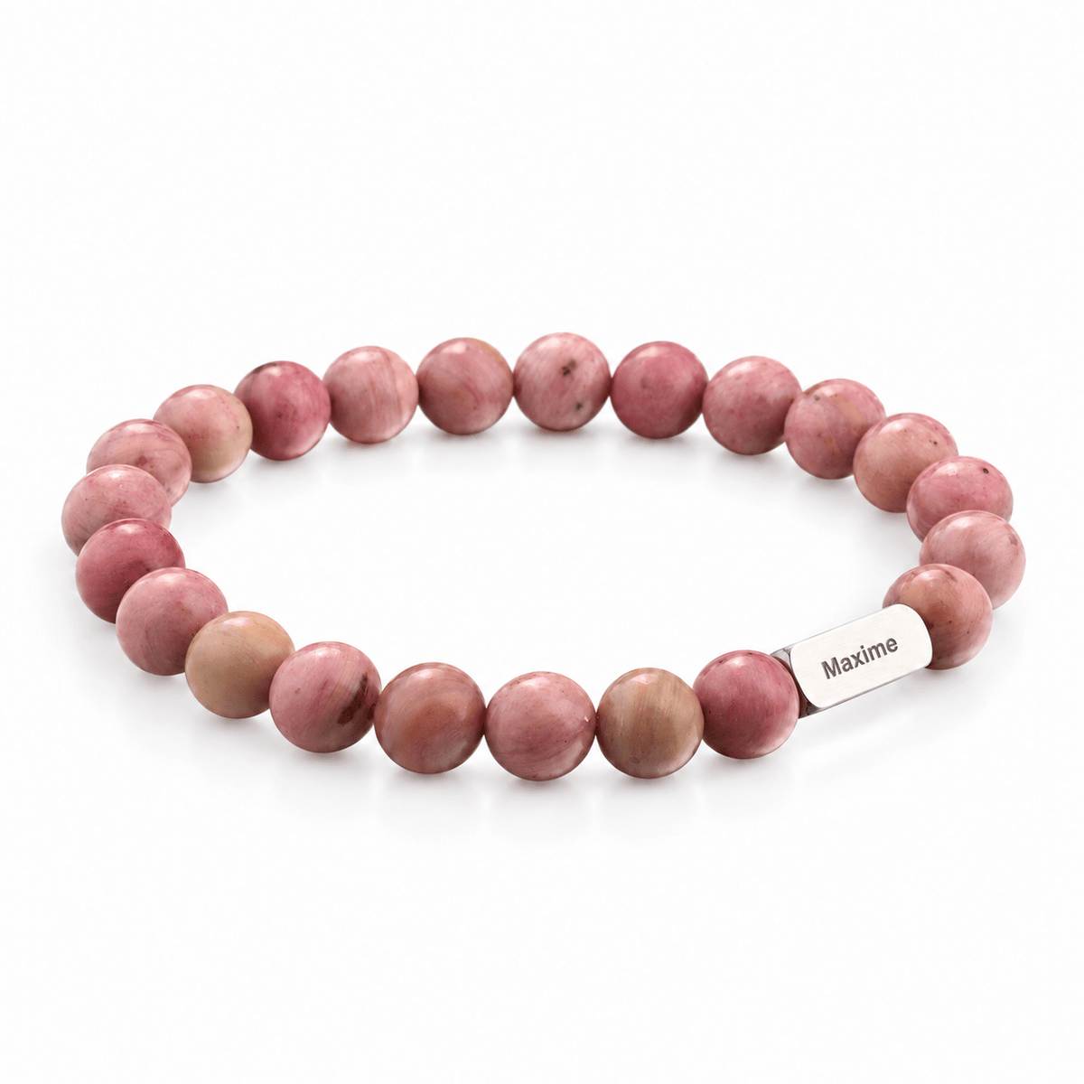 Packshot studio bracelet Zohar Rhodonite, vue de face sur fond blanc. — gravure source restaurée 8 octobre 2026