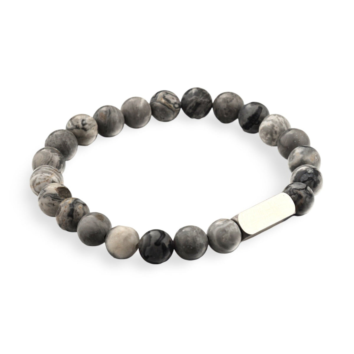 Bracelet mixte en perles rondes de jaspe gris avec plaque métallique argentée gravée.